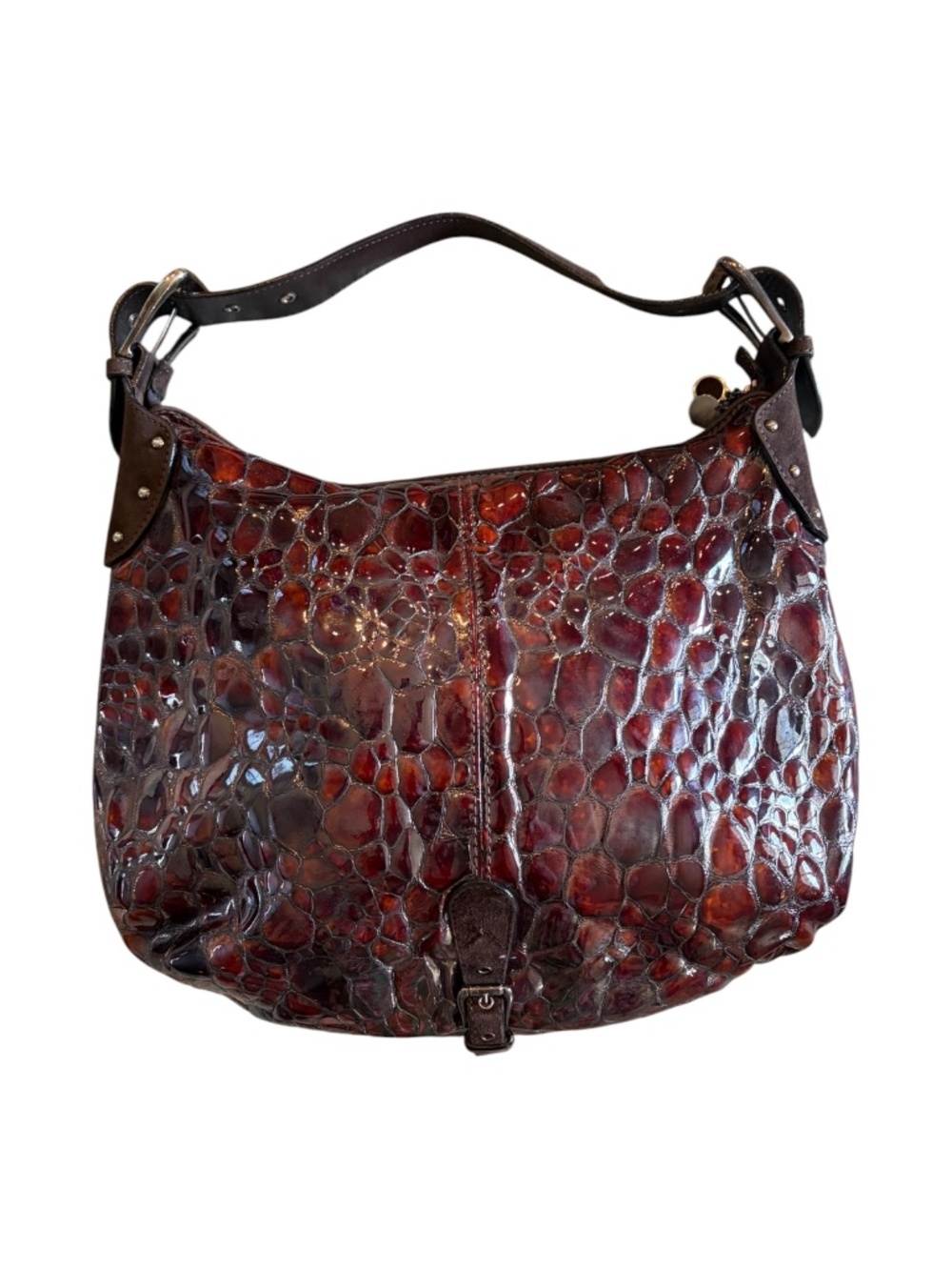 Donald J Pliner Brown Croc Embossed Leather Suede Shoulder Bag